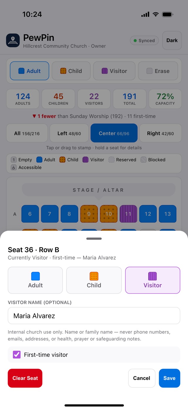 A seat opened for a first-time visitor, with an optional name